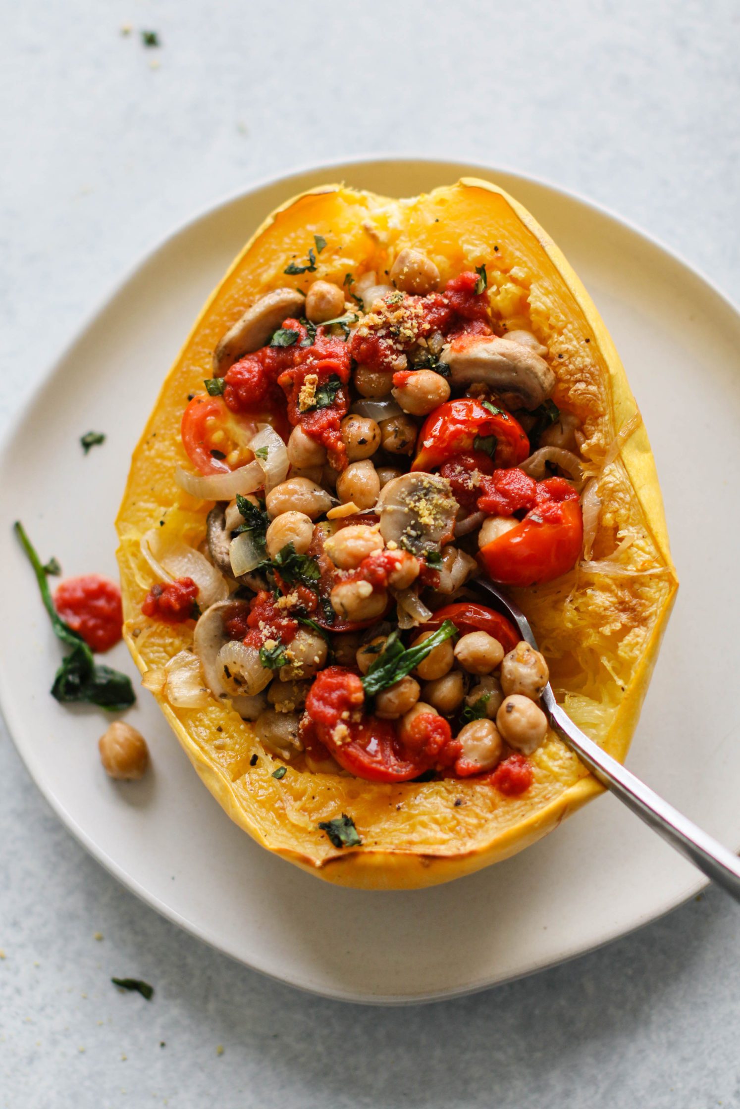 Italian Stuffed Spaghetti Squash with Crispy Chickpeas by Flora & Vino