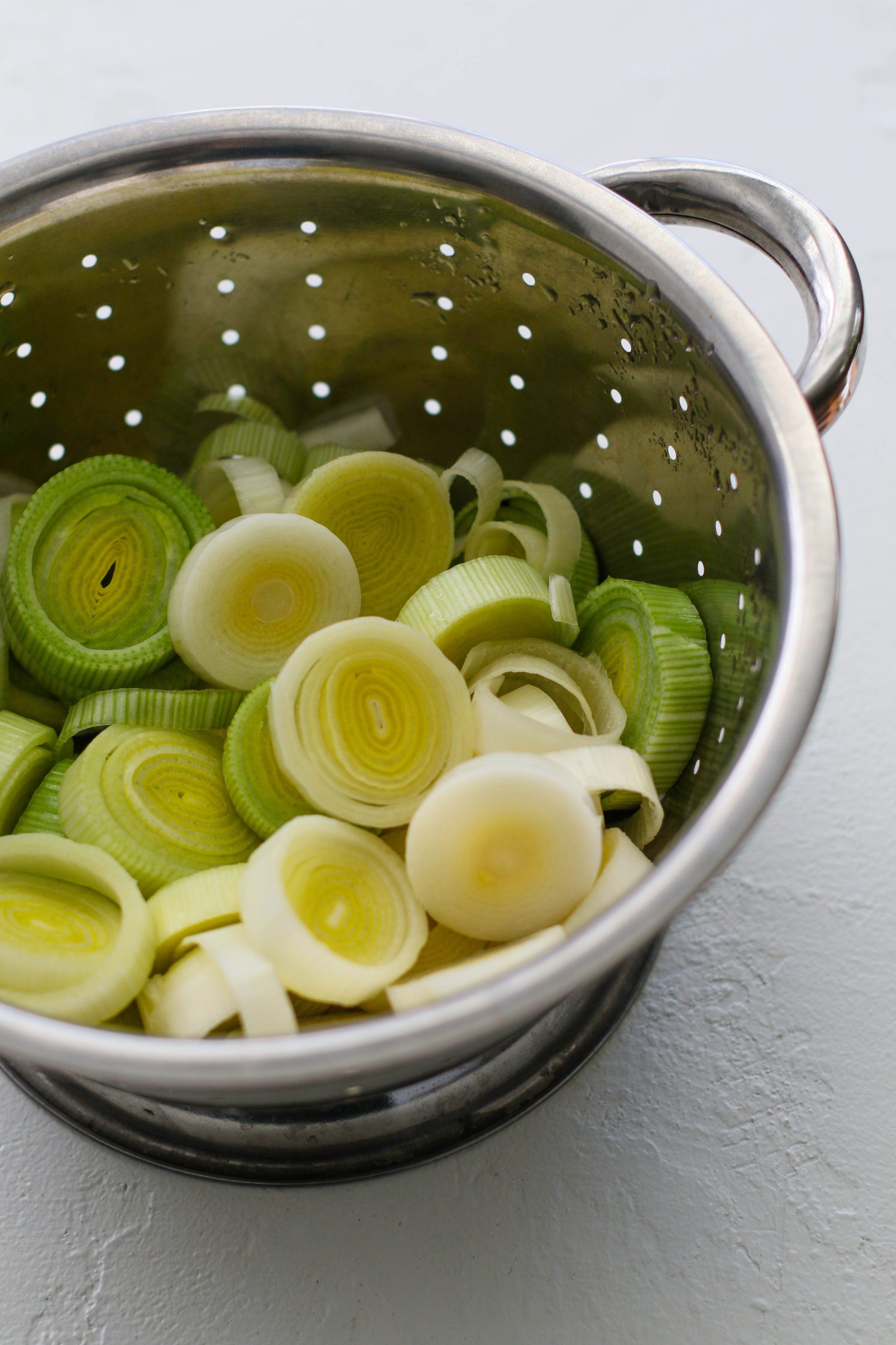 leek cut into rounds in a colander