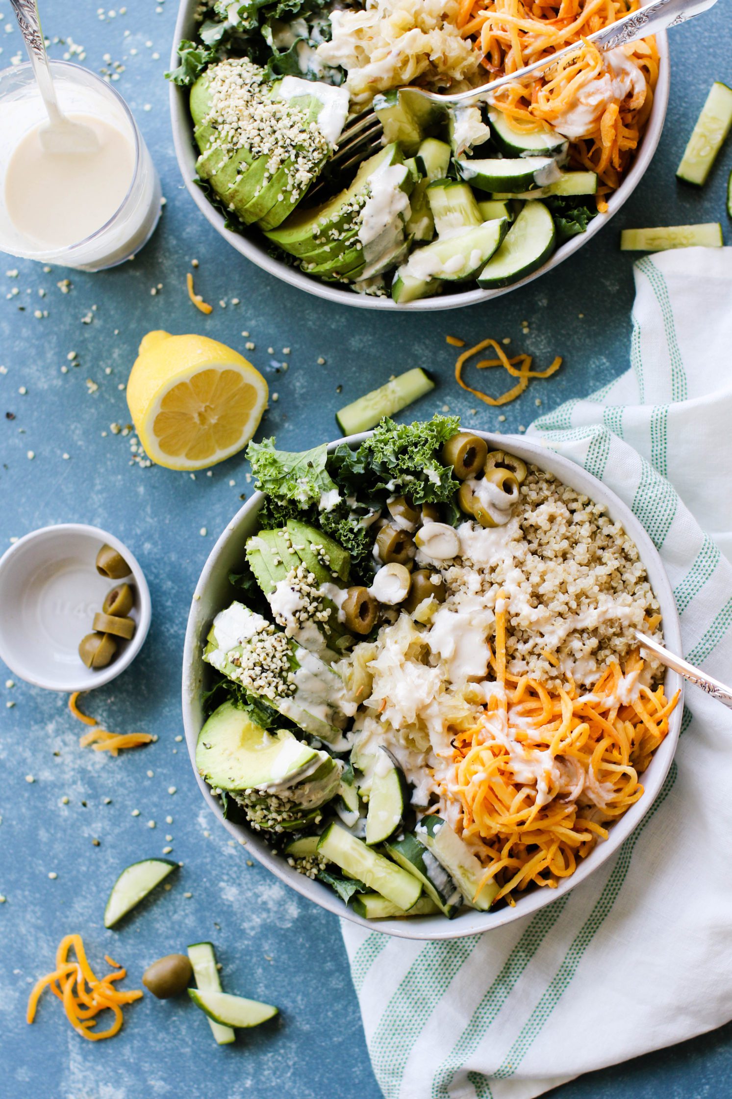 Sweet & Savory Macro Bowls served in bowls with forks by Flora & Vino