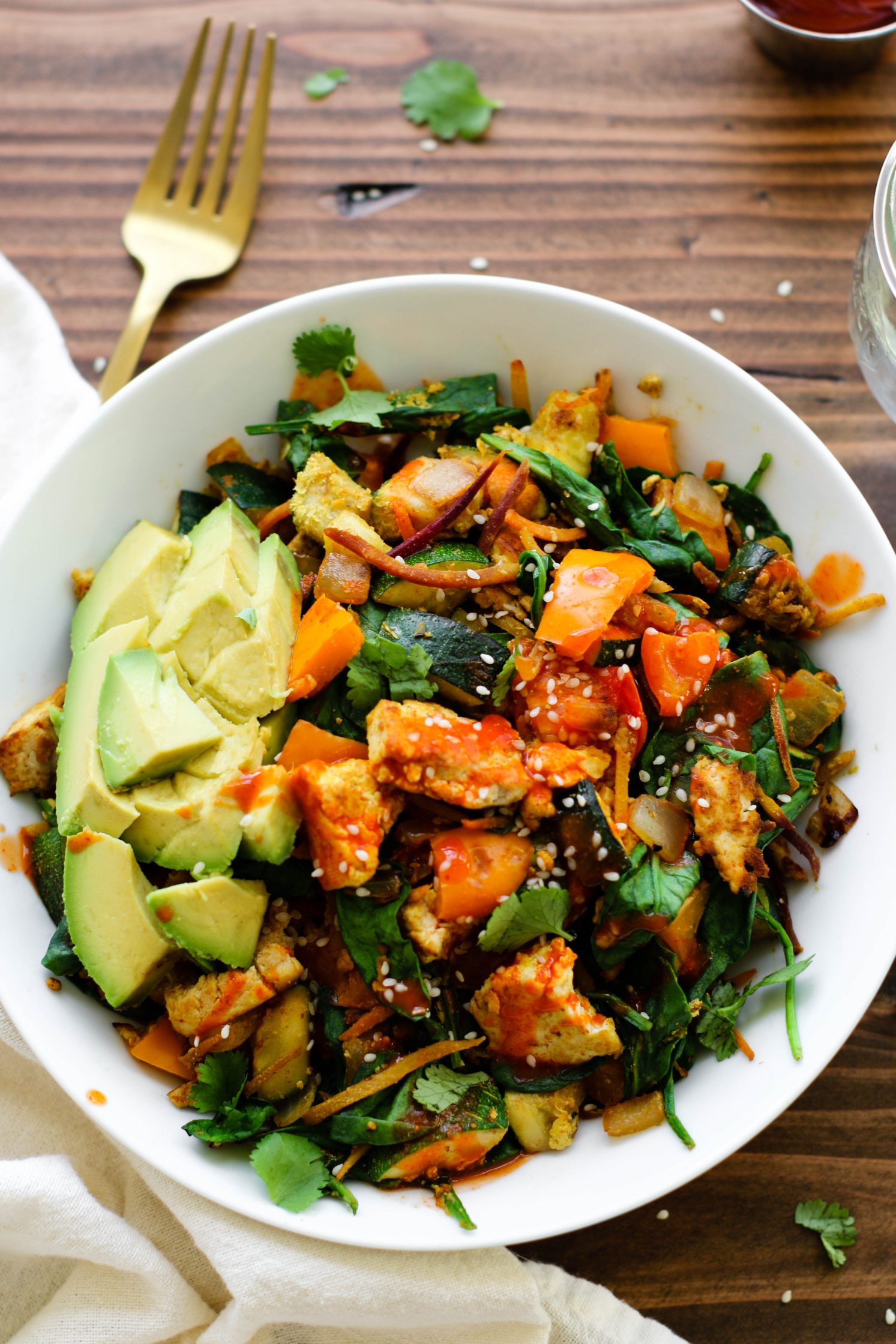 Loaded Tofu Scramble Bowl for One served in wooden board