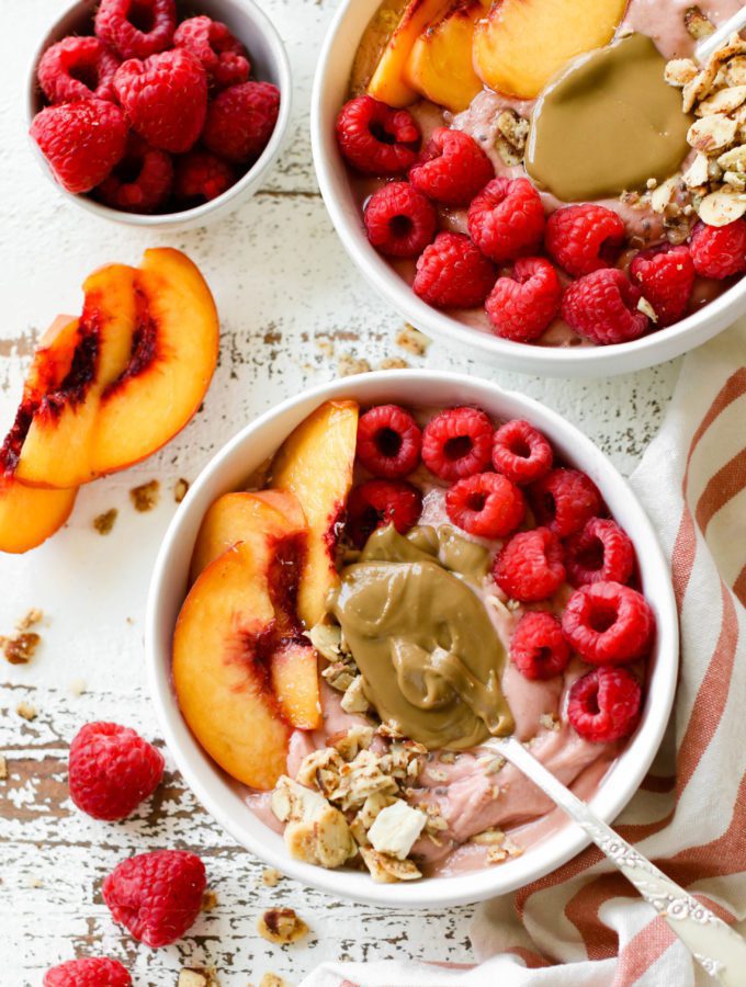 Peach Raspberry Sunbutter Smoothie Bowl by Flora & Vino