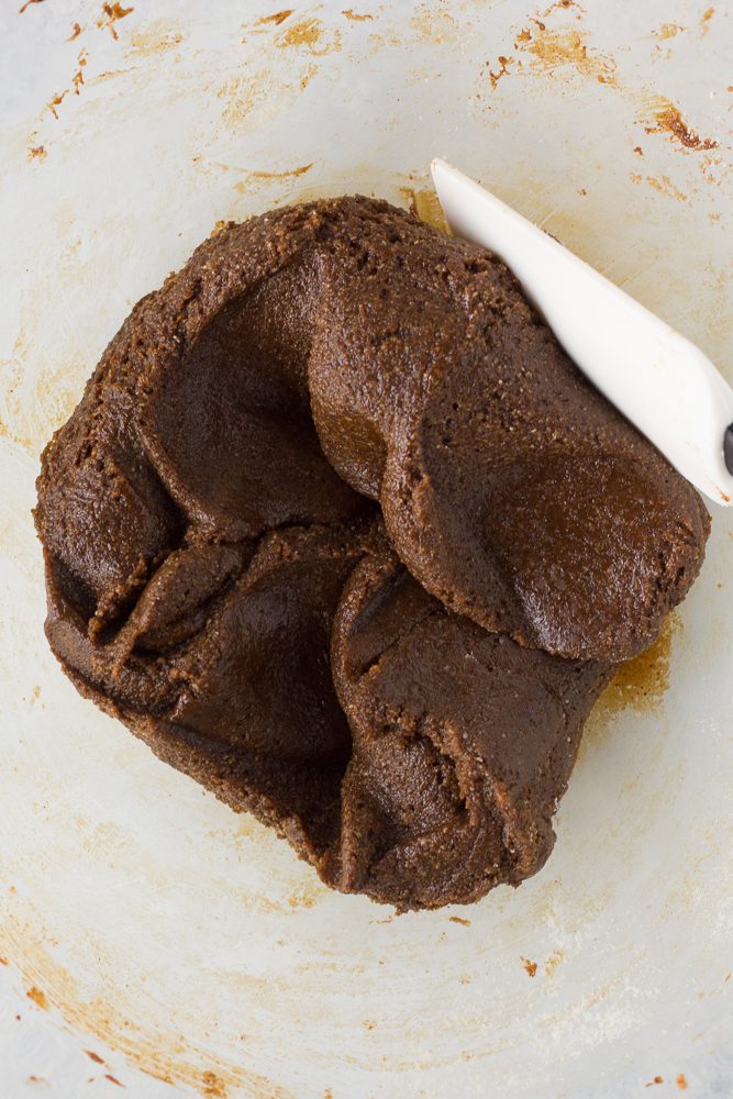Vegan & Gluten-Free Gingerbread Cookie dough stirred in bowl by Flora & Vino 