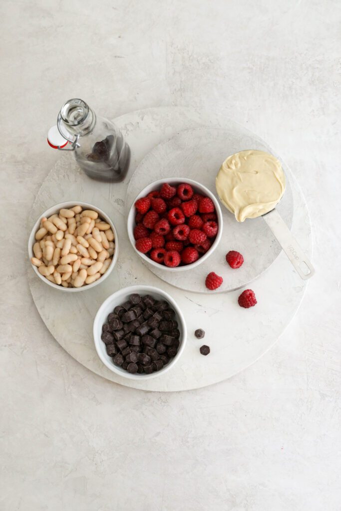 Dark Chocolate Raspberry Blondies ingredients on wooden boards by Flora & Vino