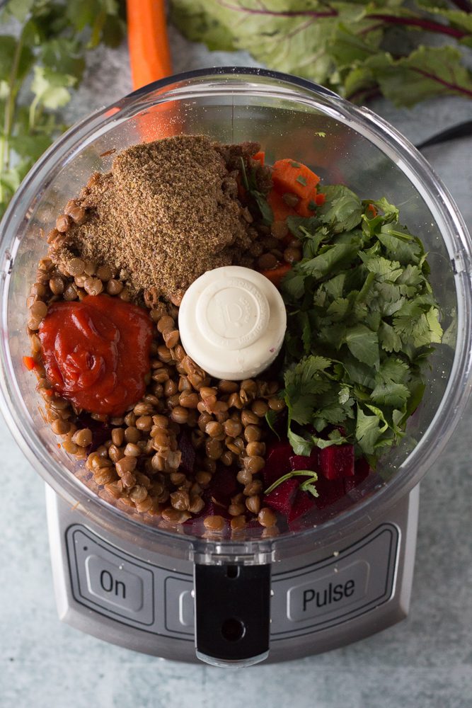 Lentil Walnut Beet Balls ingredients in blender by Flora & Vino