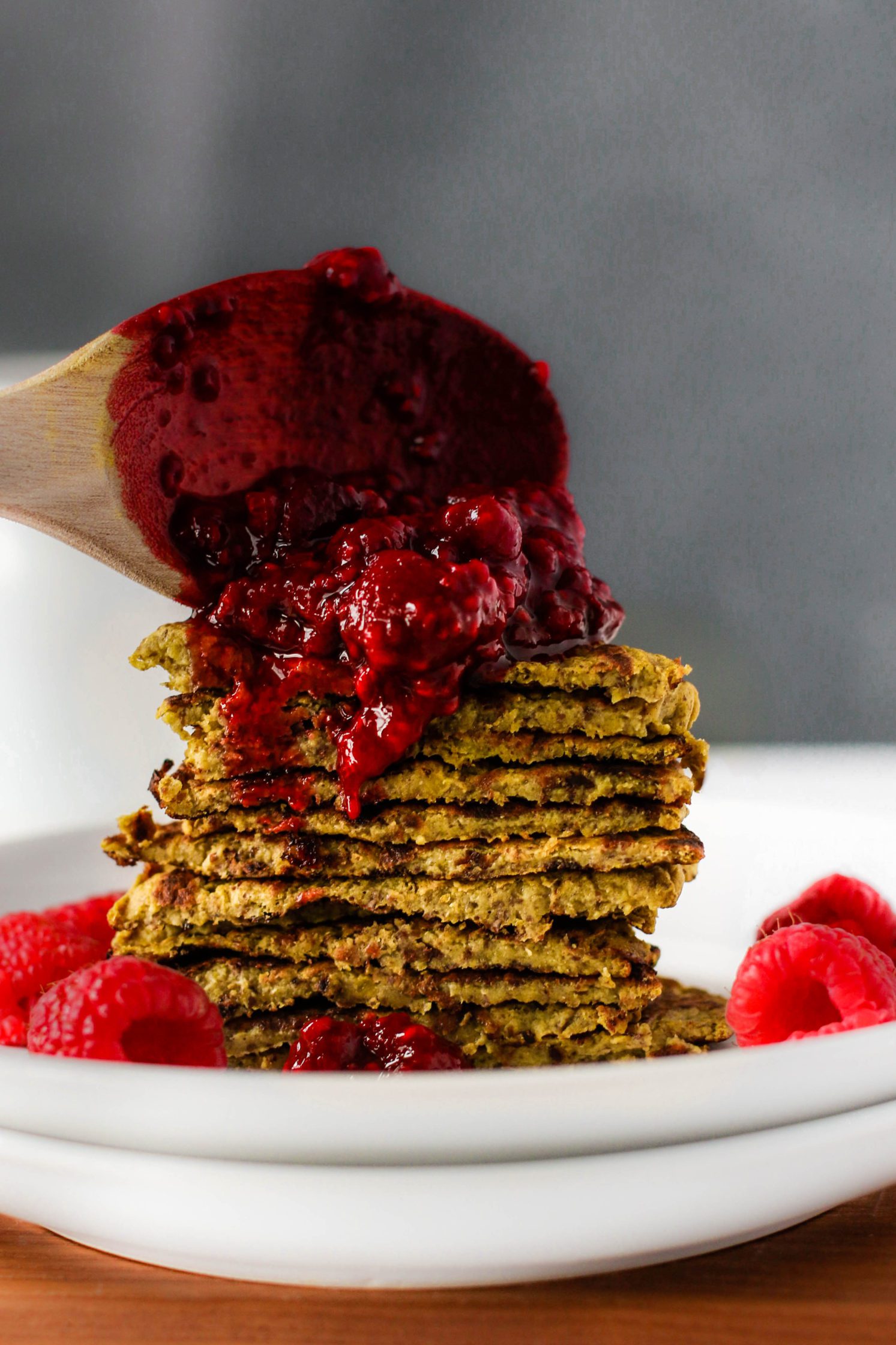 Golden Beet Protein Pancakes with Easy Raspberry Compote