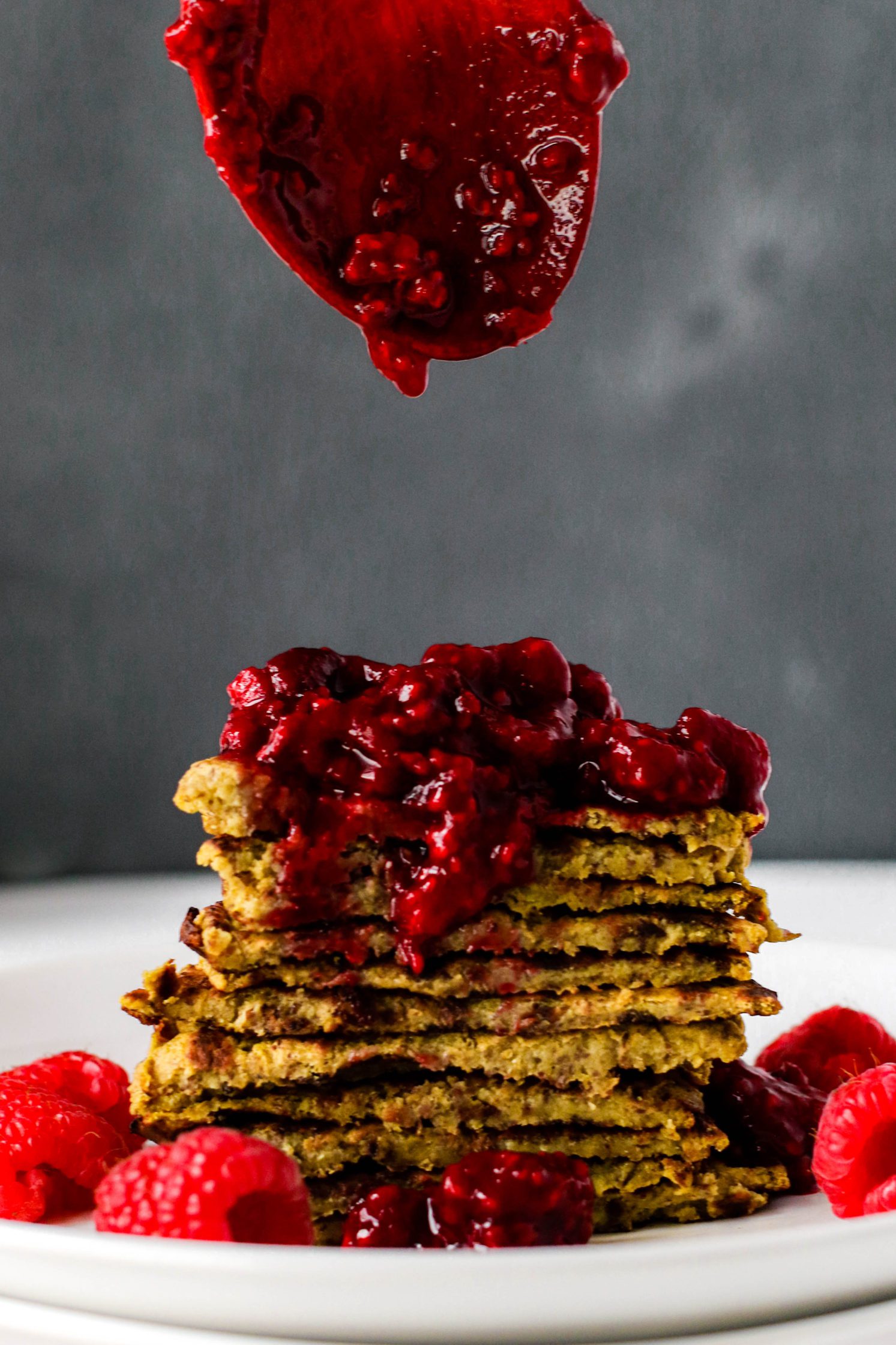 Golden Beet Protein Pancakes with Easy Raspberry Compote