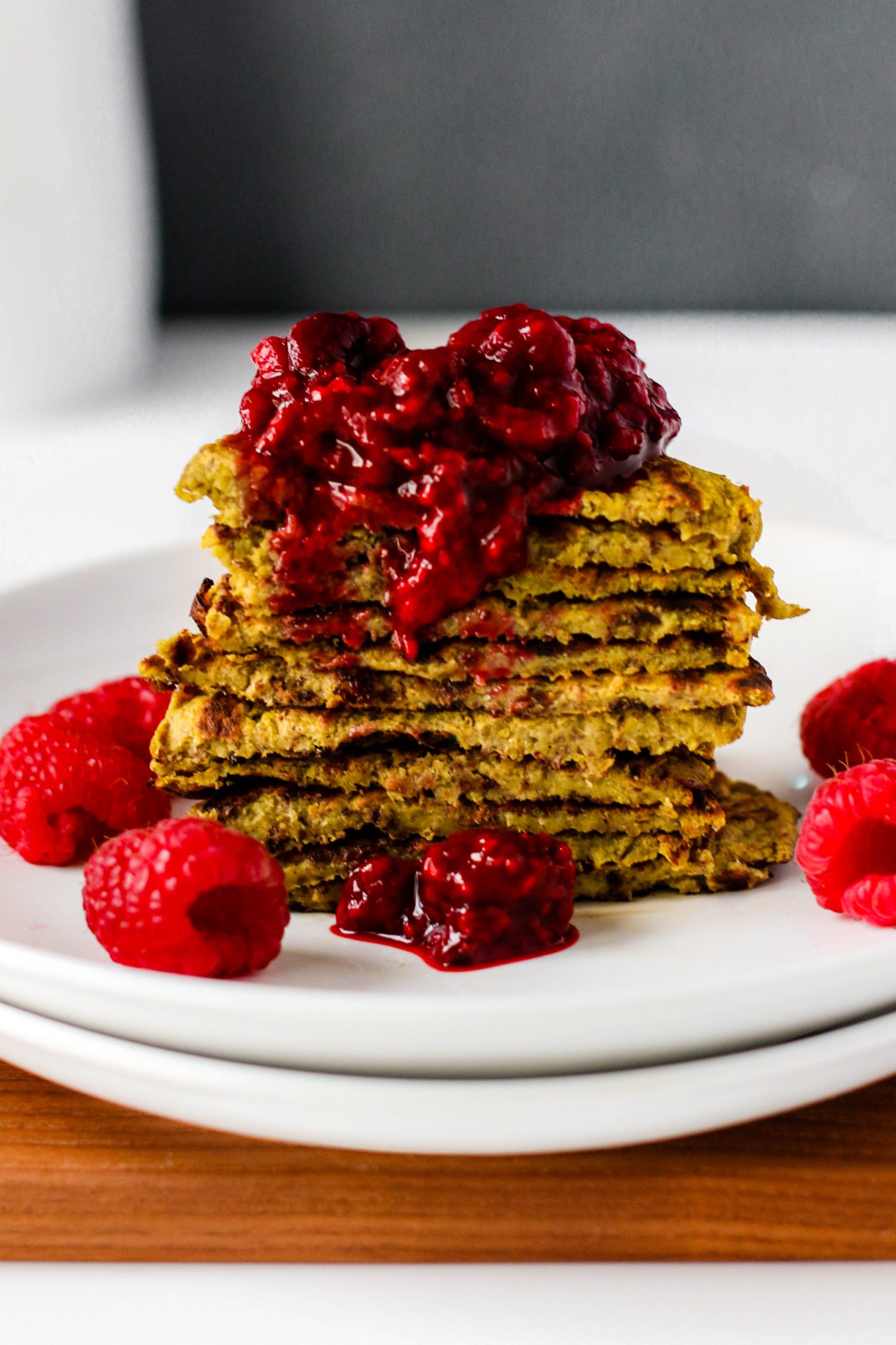 Golden Beet Protein Pancakes with Easy Raspberry Compote