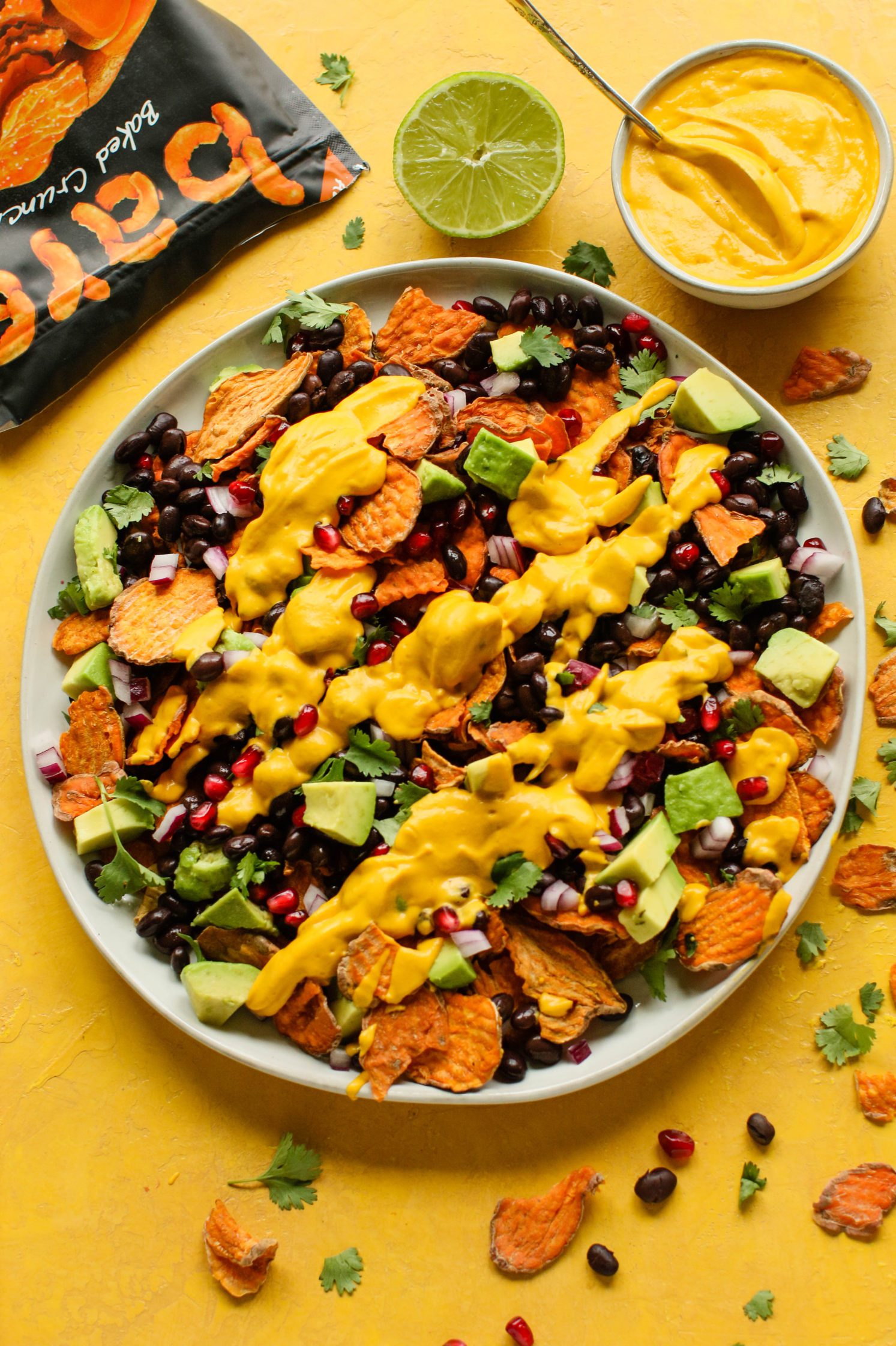 Loaded Sweet Potato Chip Nachos with Sweet Potato Nacho Cheese