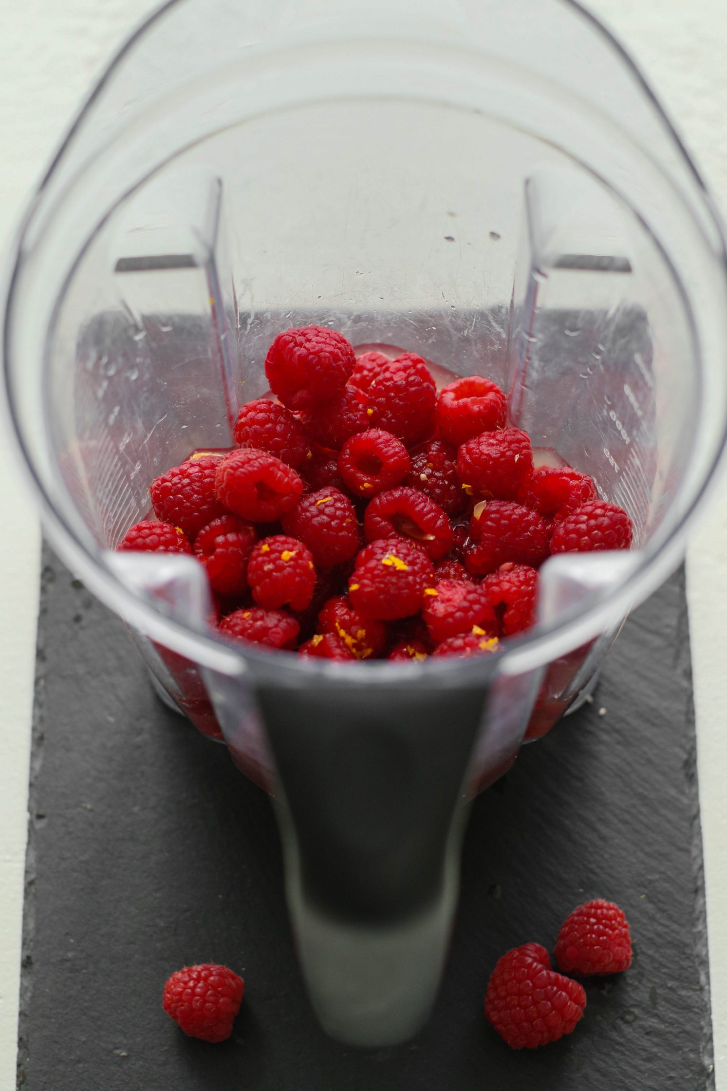 Ingredients for No-Sugar-Added Raspberry Chia Seed Jam in Vitamix blender
