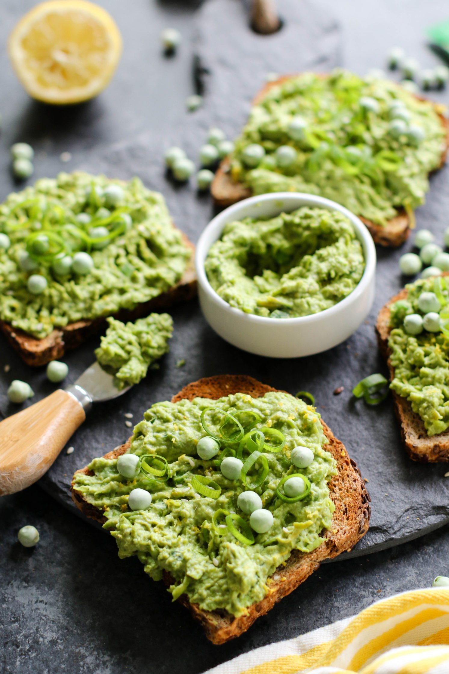 Lemon-y Smashed Pea Toasts by Flora & Vino