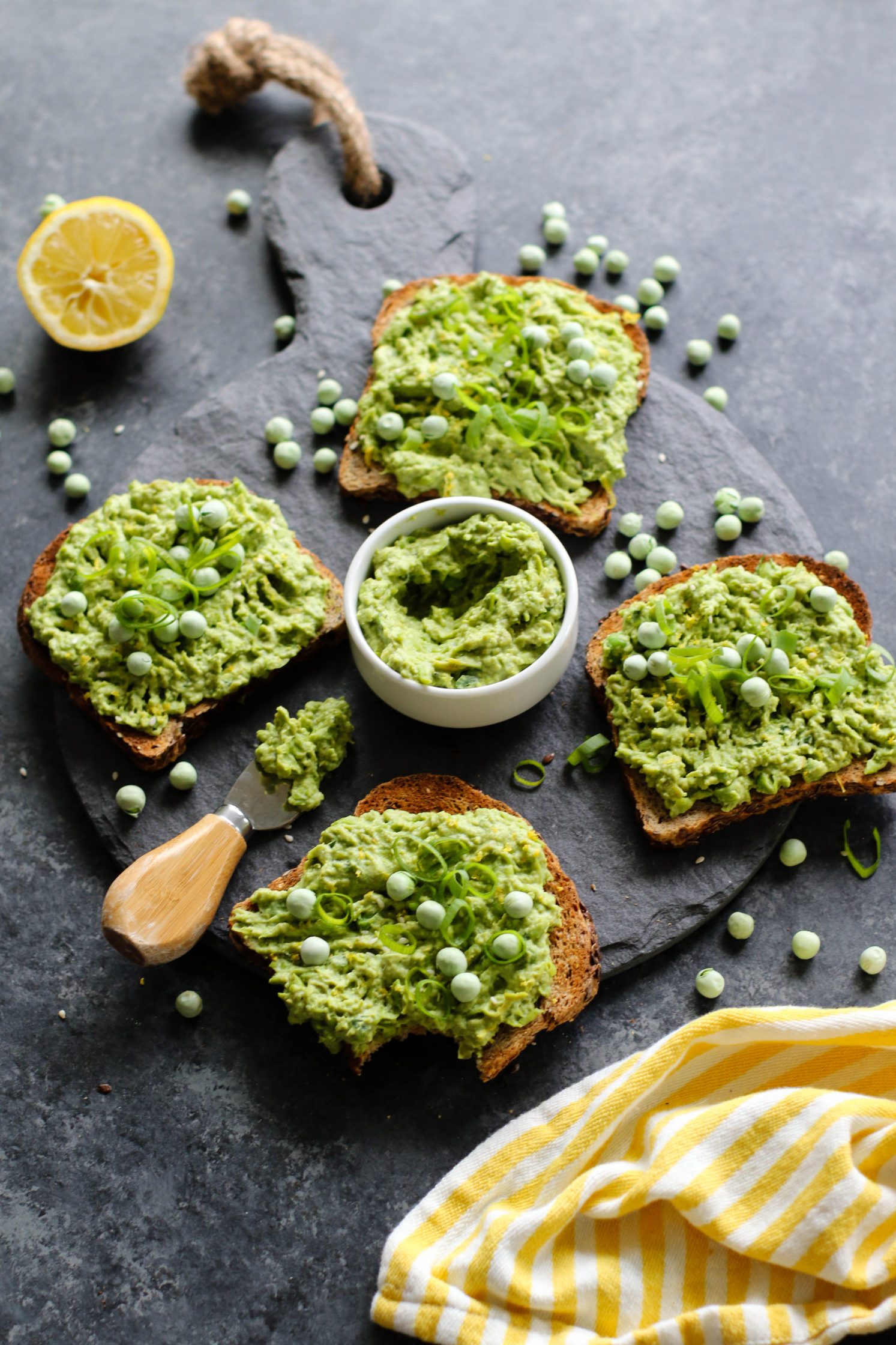 Lemon-y Smashed Pea Toasts by Flora & Vino