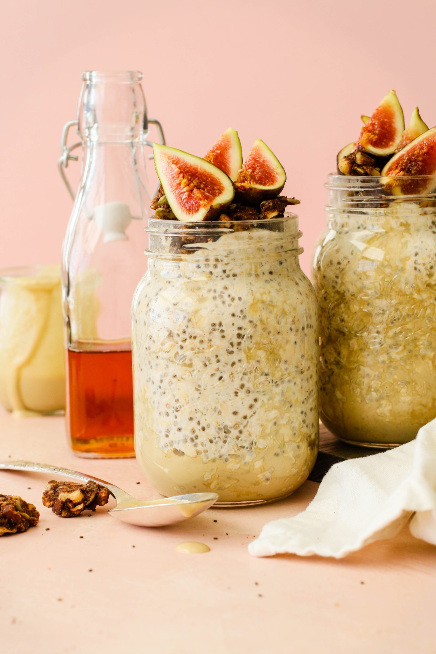 Maple Tahini Overnight Oats in mason oats with maple syrup and tahini by Flora & Vino