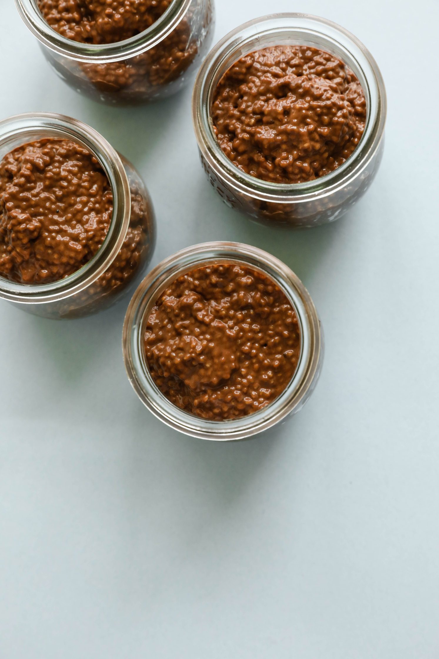 Dark Chocolate Chia Puddings portioned in weck jars