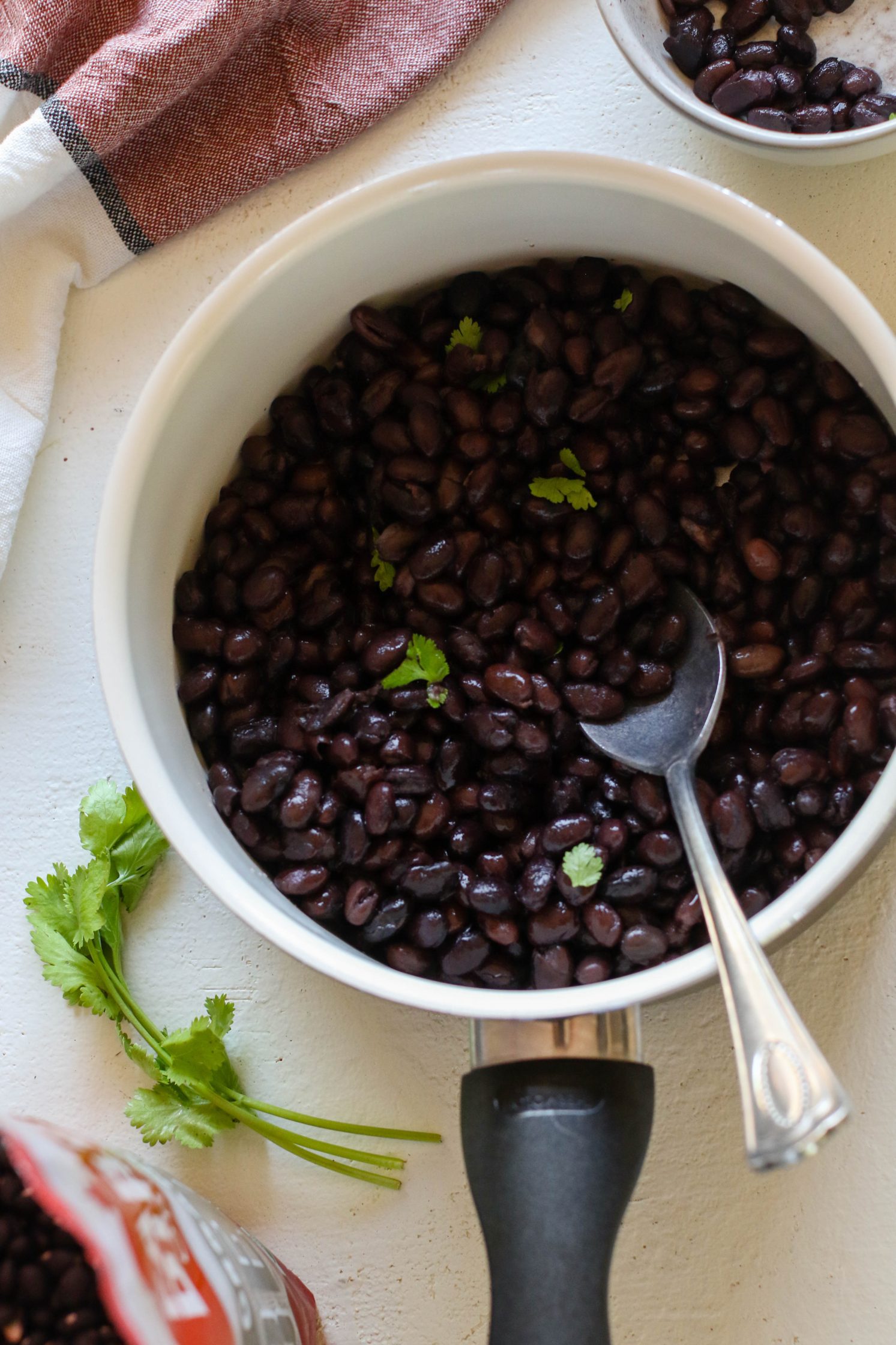 Black Beans cooked in pot with spoon topped with cilantro