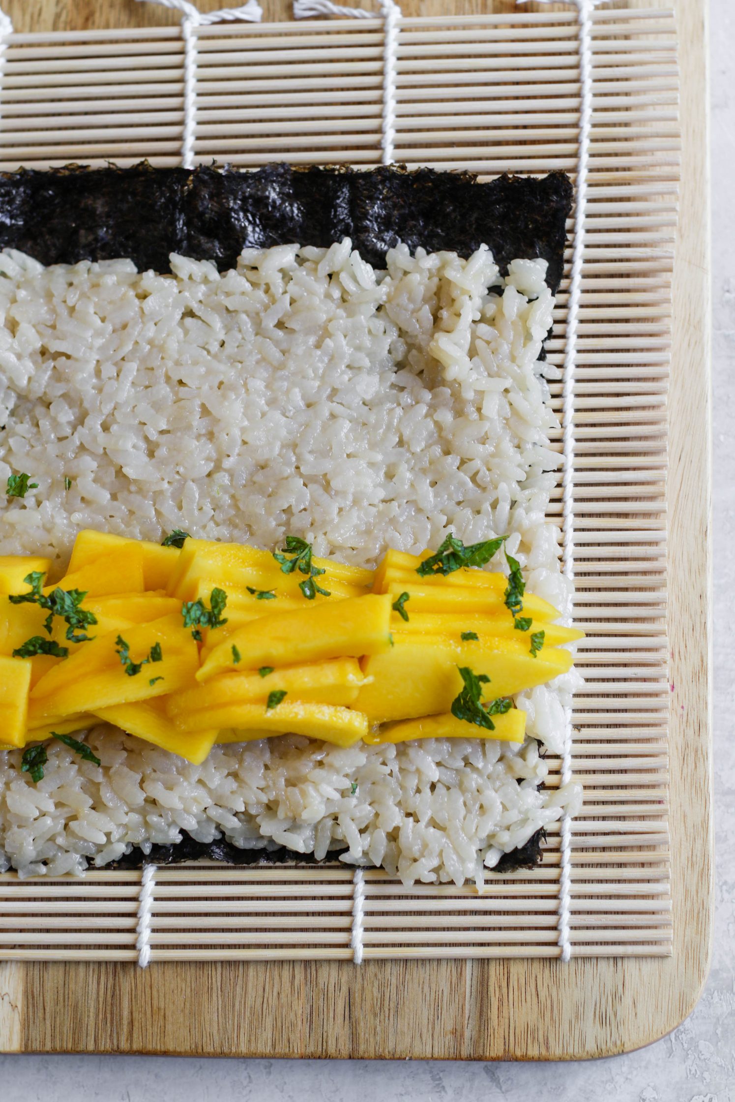 Mango Sticky Rice Dessert Sushi process shot