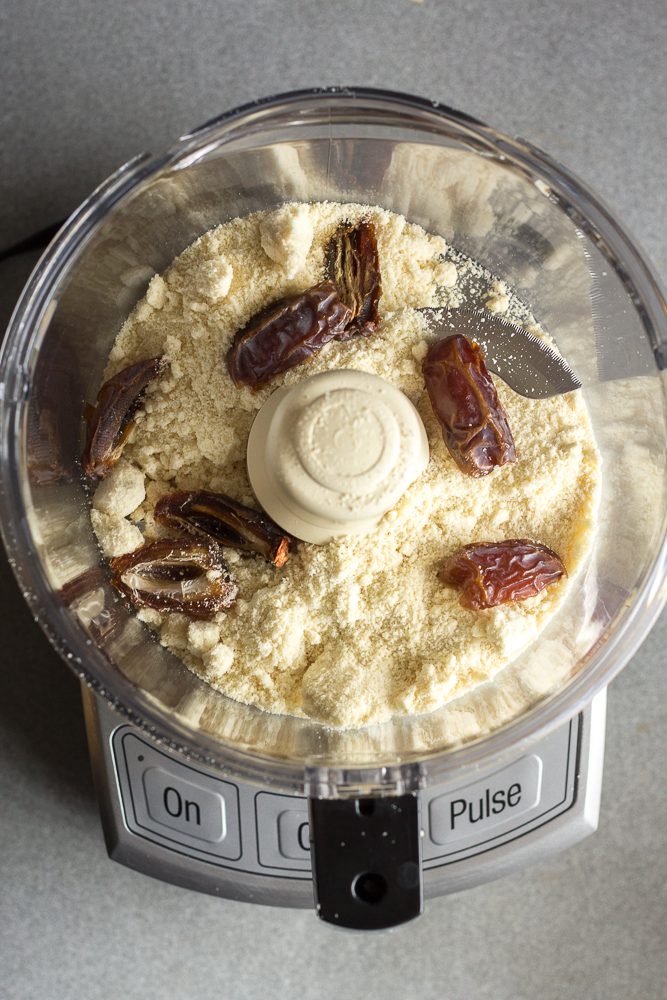 almond flour in blender with Medjool dates