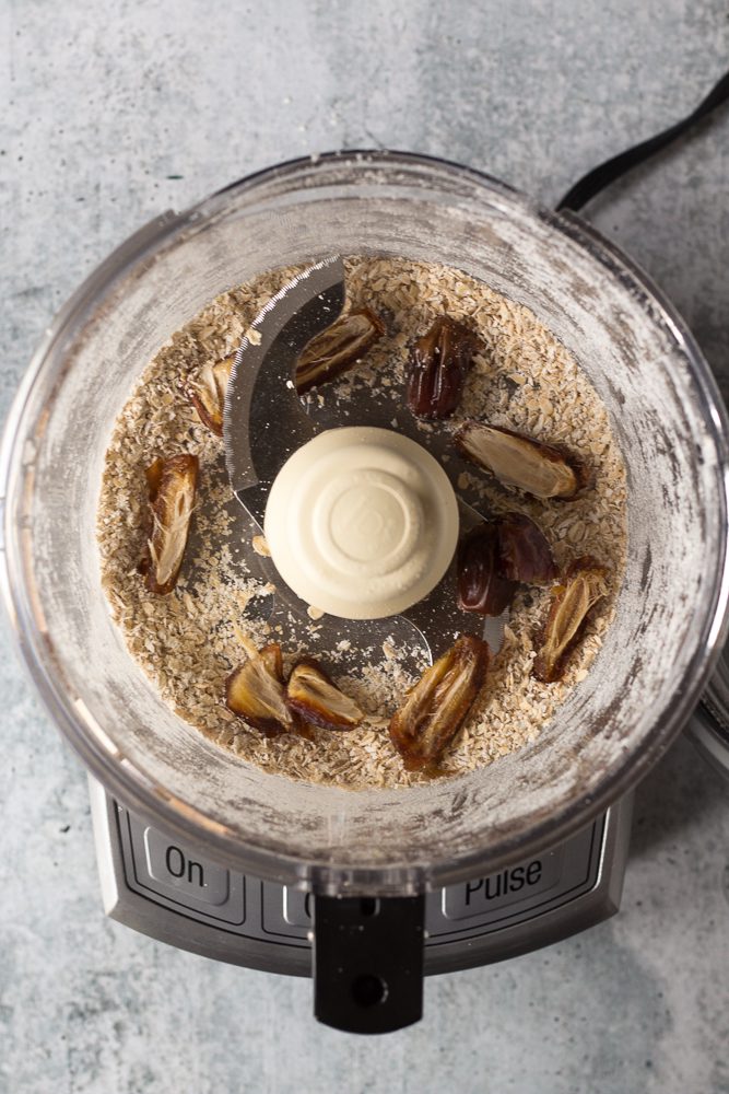 nut flour with Medjool dates in blender by Flora & Vino