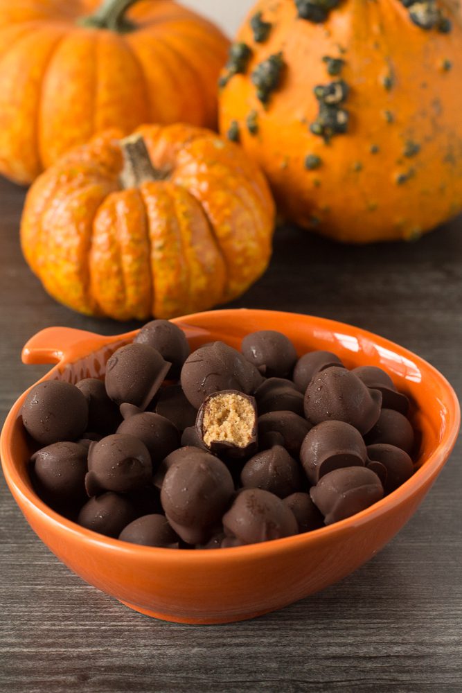 Vegan Peanut Butter Chocolate Balls with bite out of one by Flora & Vino