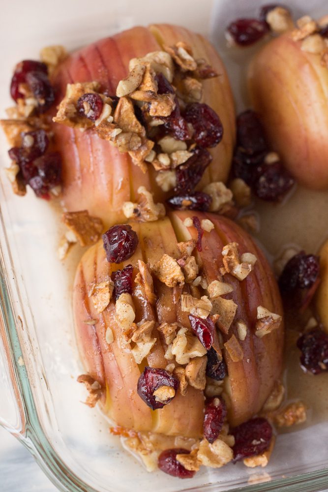 Hasselback Baked Apples in baking dish by Flora & Vino