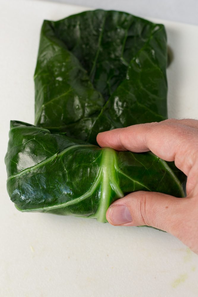 Mushroom Marinara Stuffed Collard Greens prep photo by Flora & Vino