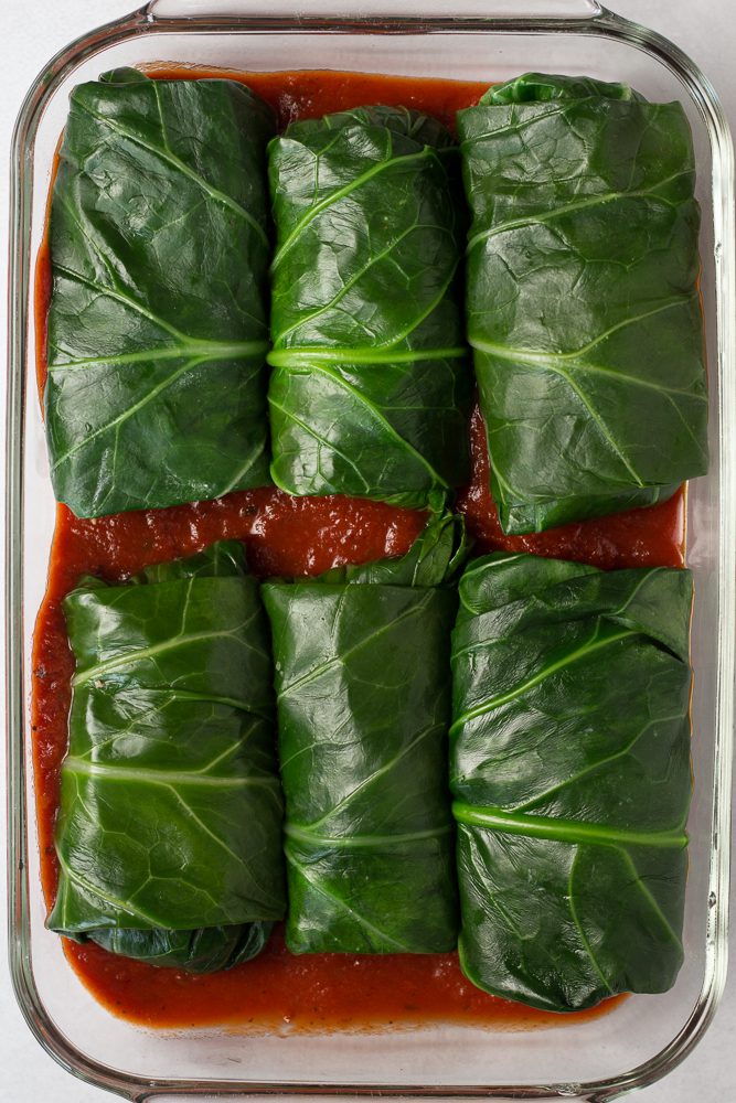 Mushroom Marinara Stuffed Collard Greens prep photo by Flora & Vino