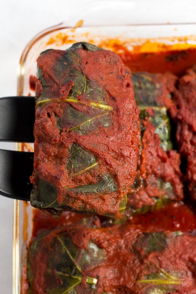 Mushroom Marinara Stuffed Collard Greens by Flora & Vino