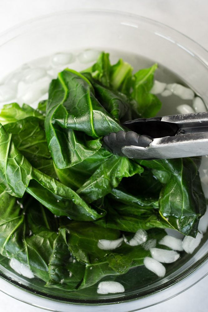 Mushroom Marinara Stuffed Collard Greens prep photo by Flora & Vino