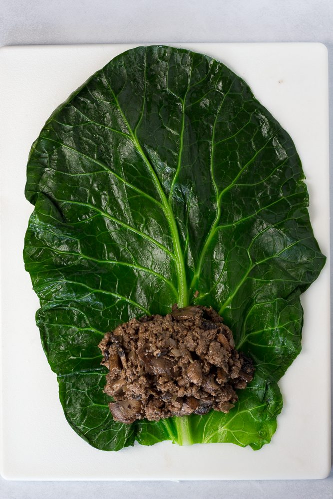 Mushroom Marinara Stuffed Collard Greens prep photo by Flora & Vino