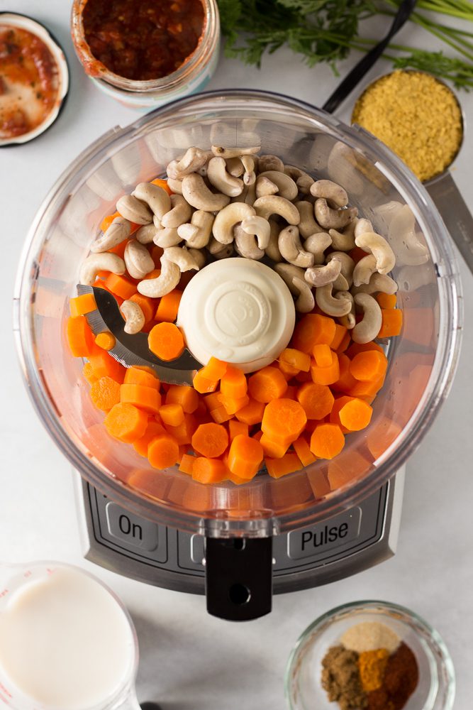 Carrot Cashew Queso process shot by Flora & Vino