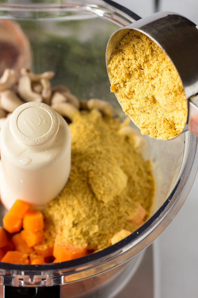 Carrot Cashew Queso process shot by Flora & Vino