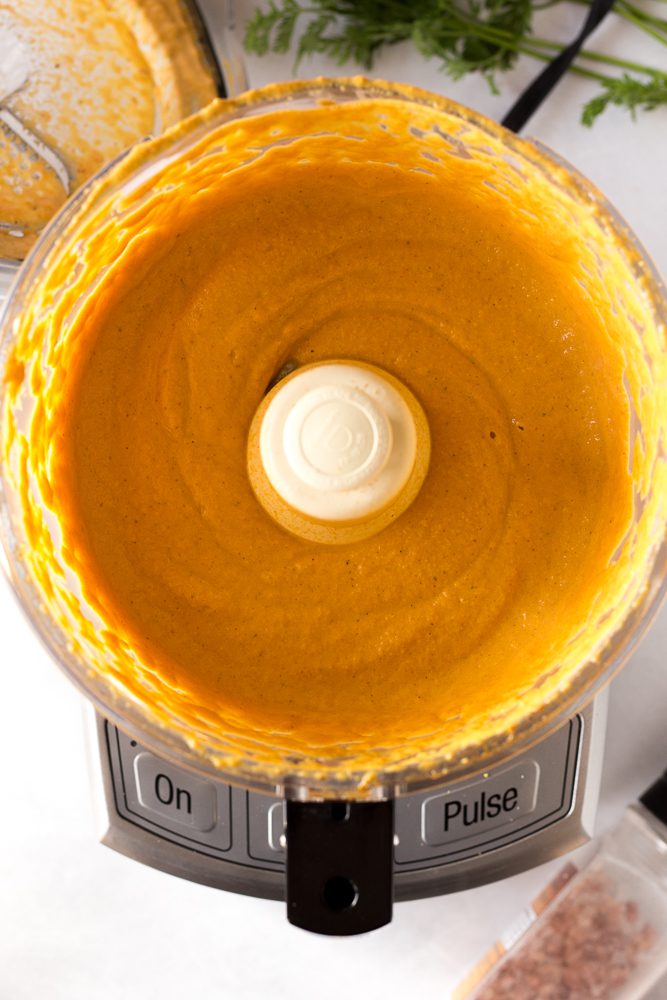 Carrot Cashew Queso process shot by Flora & Vino
