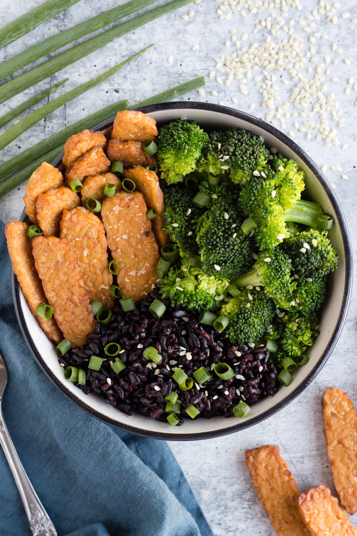 Apple Maple Tempeh Marinade served with black rice and broccoli by Flora & Vino