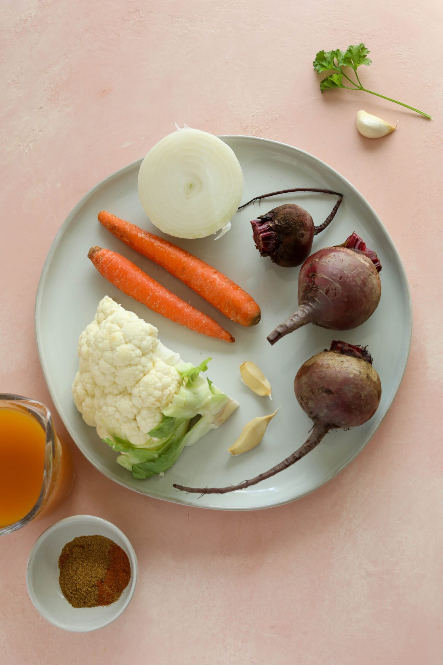 Heart-Beet Soup ingredients on a plate by Flora & Vino