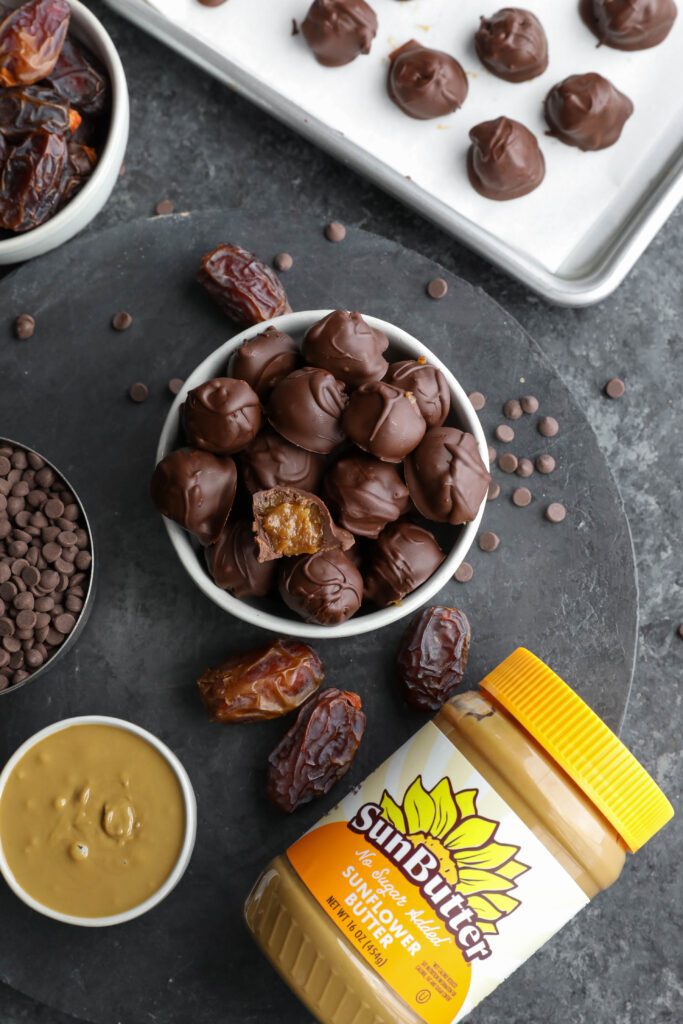 Vegan SunButter Date Caramels served in bowl by Flora & Vino
